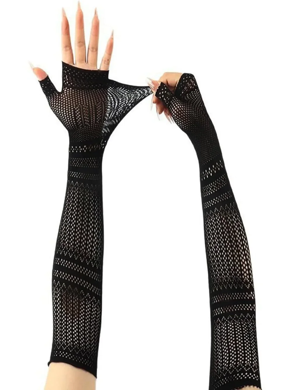 Women's Black Patterned Fishnet Long Fingerless Mesh Gothic Gloves Party